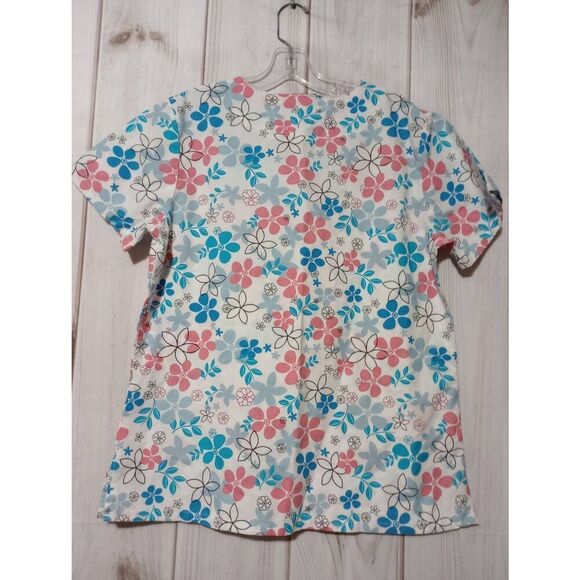 Scrub Studio‎ Shirt Ladies Medium Coral Blue Floral - Picture 2 of 7